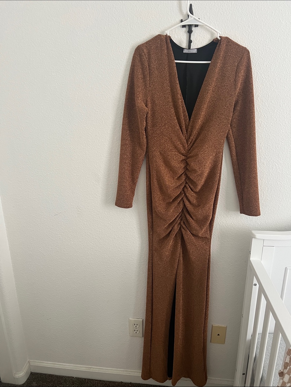 Long Sleeve Copper Ruched V-Neck Evening Dress